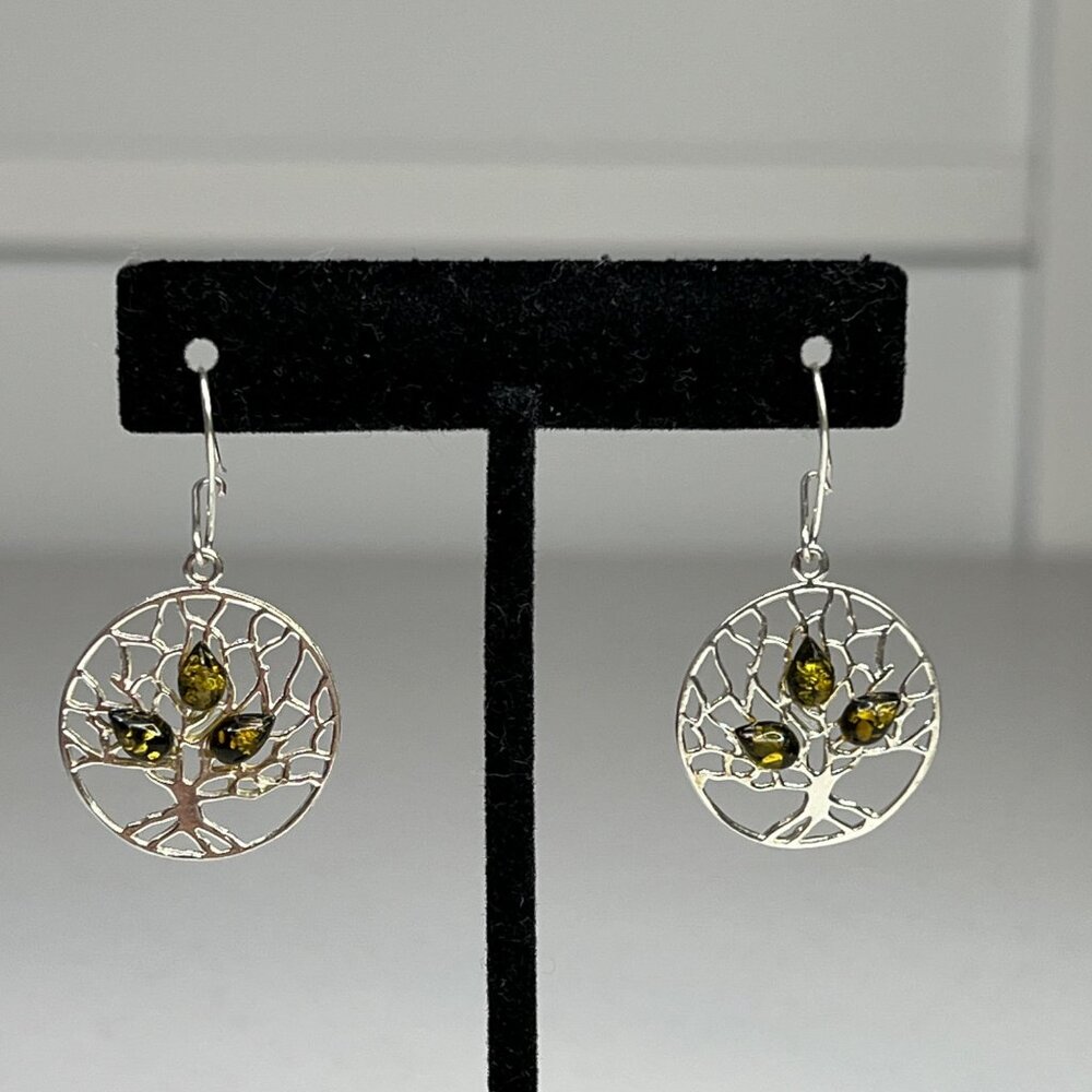 Tree Of Life Sterling Silver & Green Baltic Amber Drop Earrings